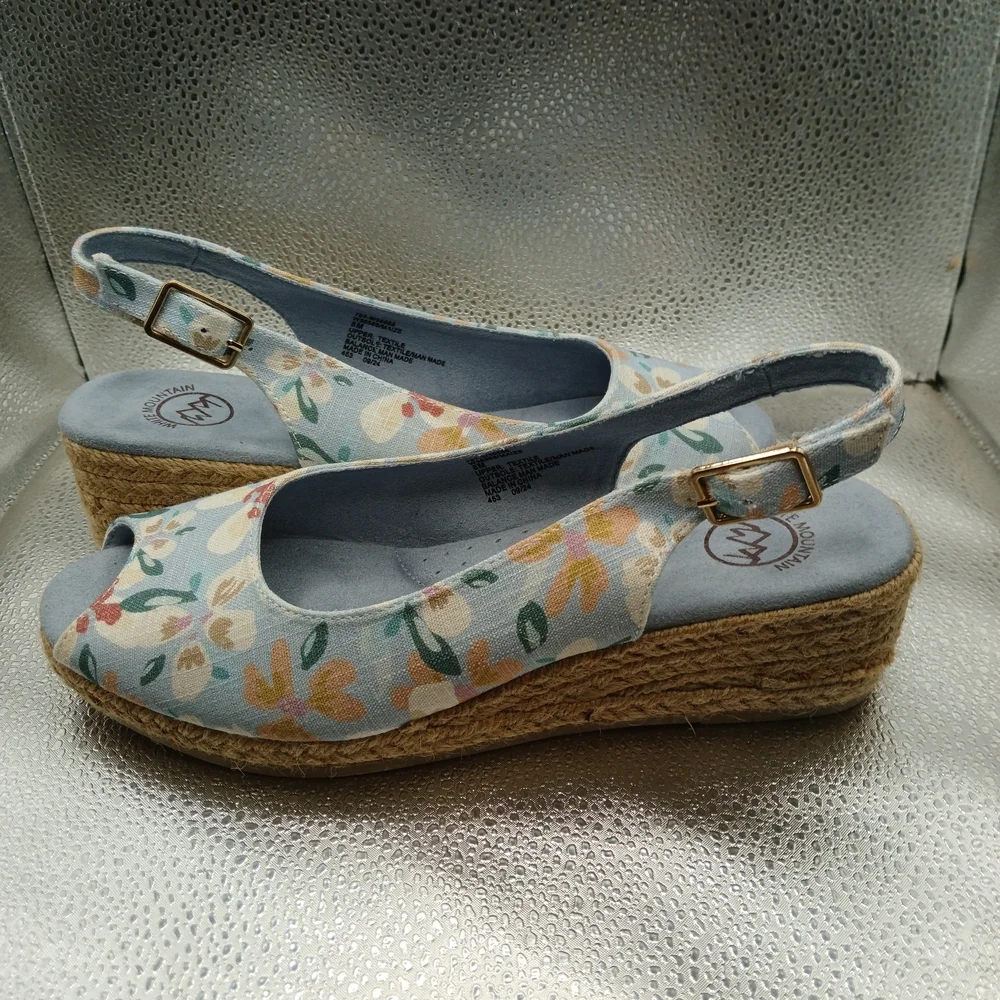 White Mountain Blue Floral Espadrille Wedges Slingback Peeptoes Women's Size 8